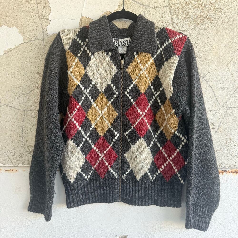 Y2K Argyle Cardigan Full Zip Collared Sweater Gray Red Mustard Preppy Academia L